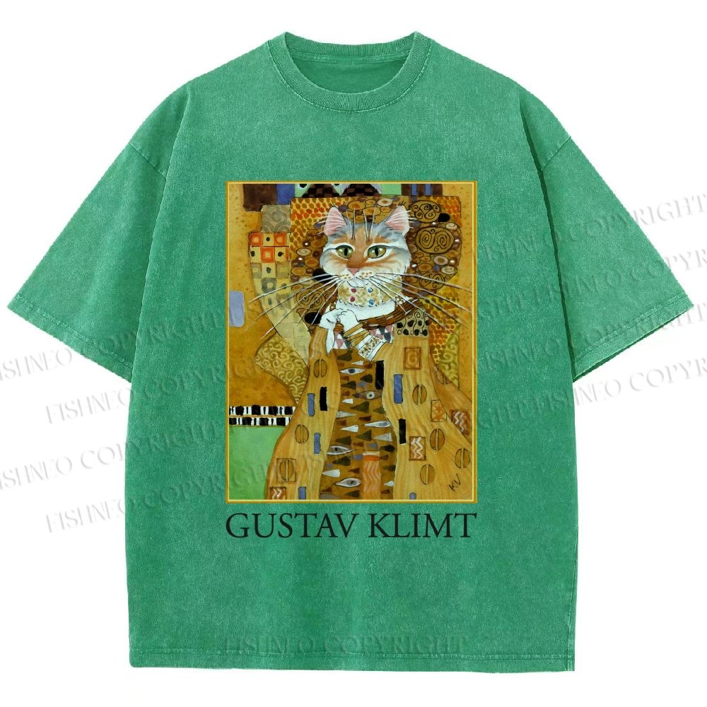 Unisex Klimt Cat Art Printed Washed Tee