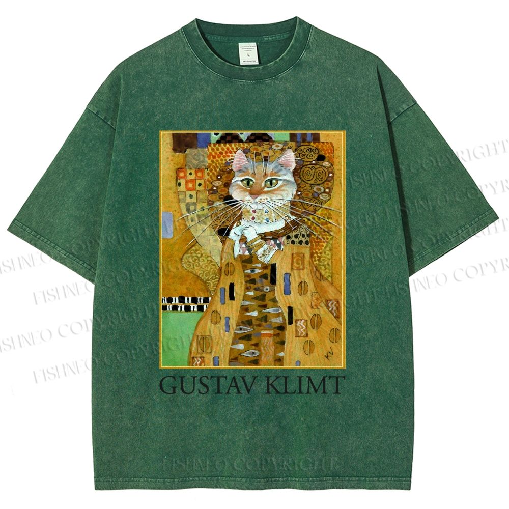 Unisex Klimt Cat Art Printed Washed Tee