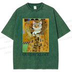 Unisex Klimt Cat Art Printed Washed Tee
