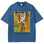 Unisex Klimt Cat Art Printed Washed Tee