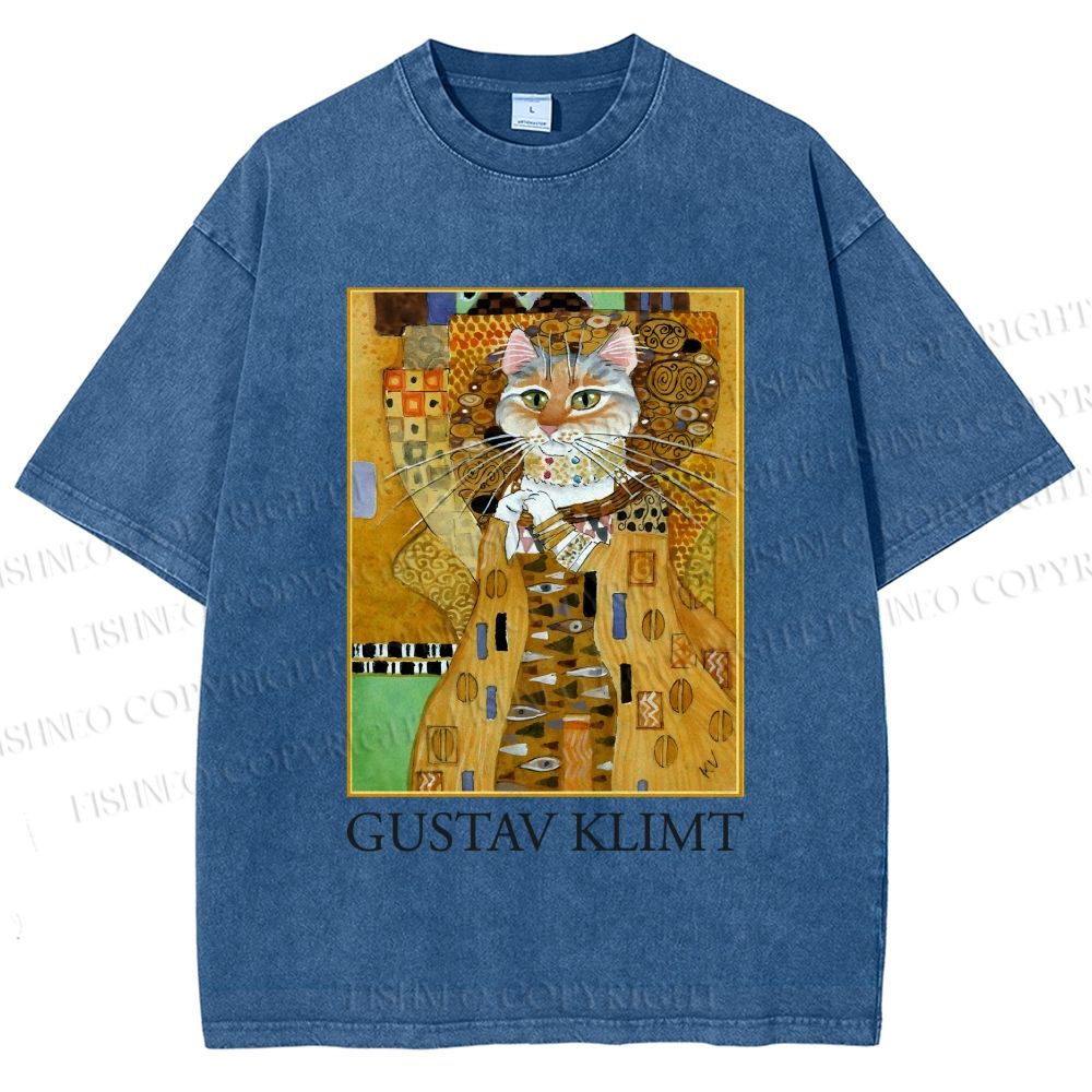 Unisex Klimt Cat Art Printed Washed Tee