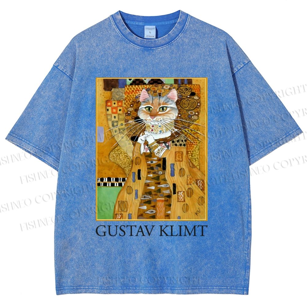 Unisex Klimt Cat Art Printed Washed Tee