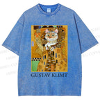 Unisex Klimt Cat Art Printed Washed Tee