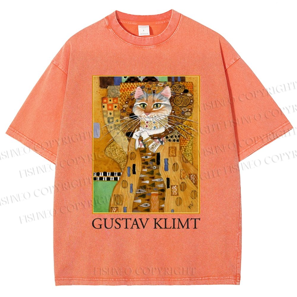 Unisex Klimt Cat Art Printed Washed Tee