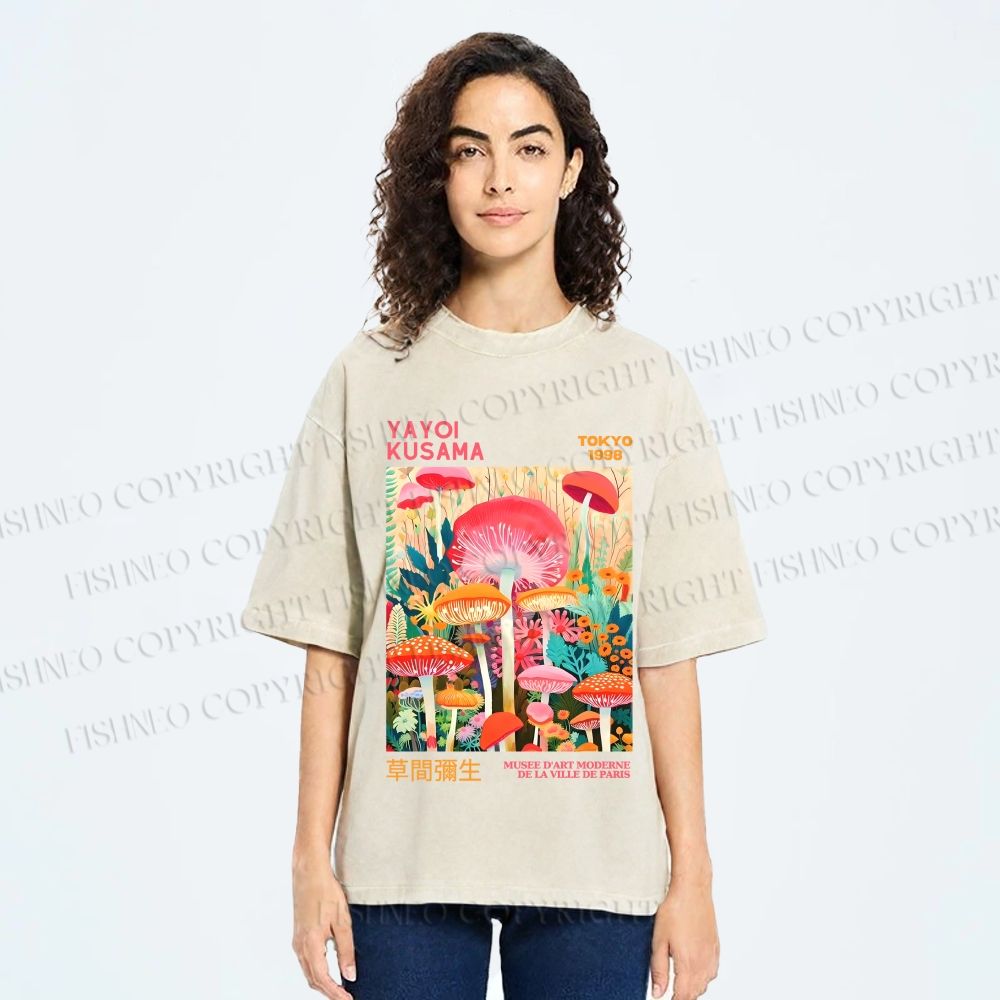 Unisex Yayoi Kusama Mushrooms Printed Washed Tee