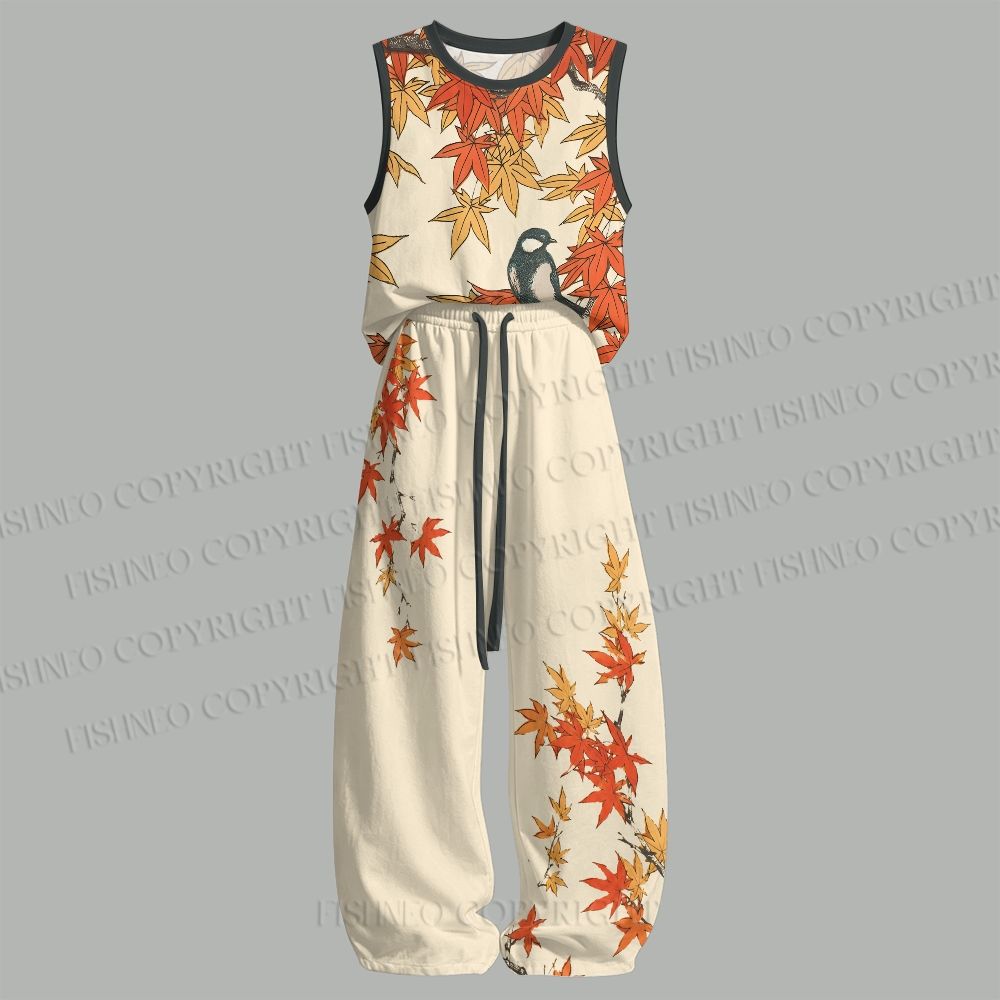 Unisex Vintage Bird in Maple Leaves Loose Tank Top Set