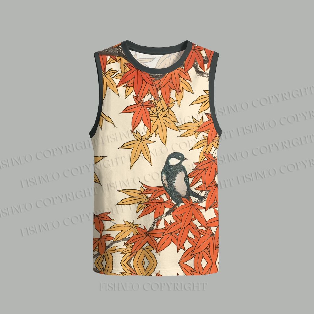 Unisex Vintage Bird in Maple Leaves Loose Tank Top Set