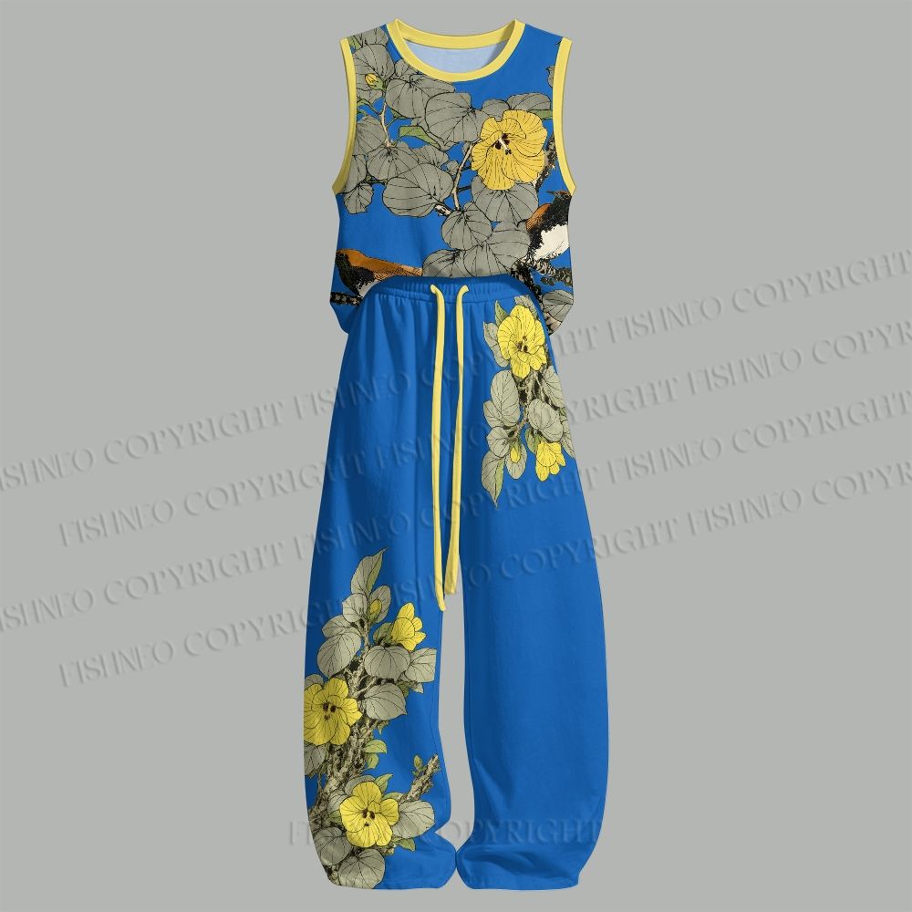 Unisex Two Birds With Yellow Flowers Loose Tank Top Set