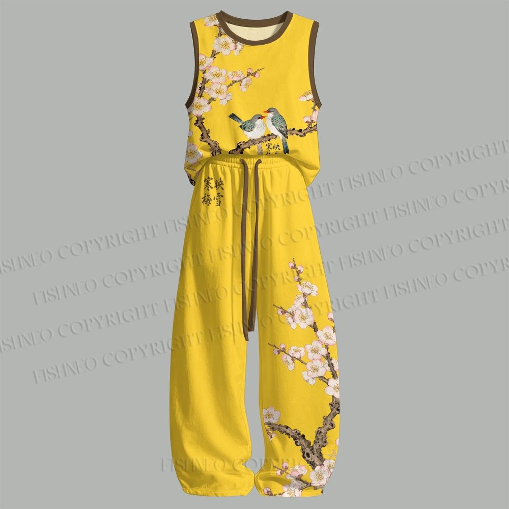 Unisex Vintage Bird in Flowers Loose Tank Top Set