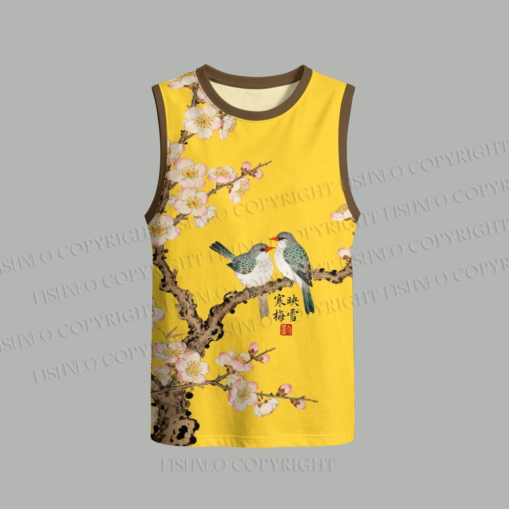 Unisex Vintage Bird in Flowers Loose Tank Top Set