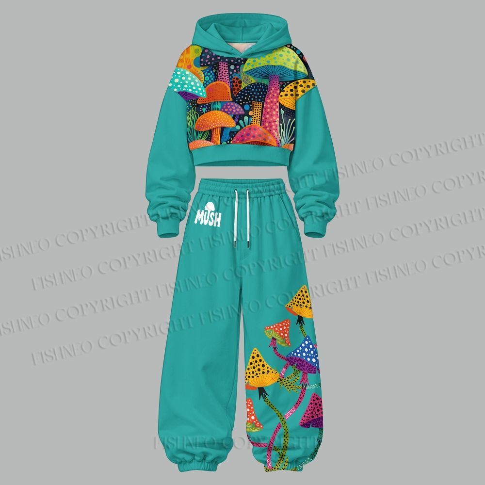 Yayoi Kusama Multicolor Mushroom Women's Cropped Long Sleeve Hoodie & High Waist Jogger Pants Two Piece Tracksuit Set