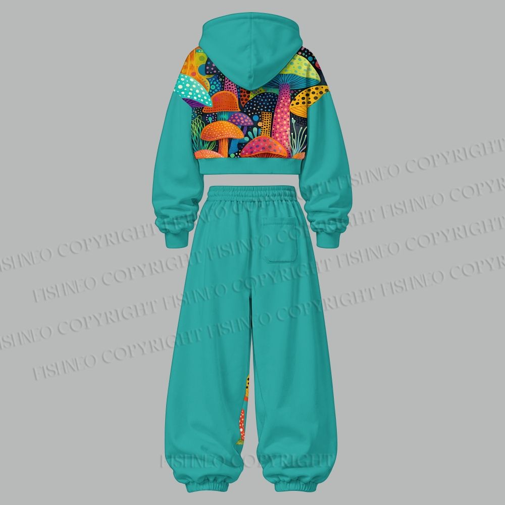 Yayoi Kusama Multicolor Mushroom Women's Cropped Long Sleeve Hoodie & High Waist Jogger Pants Two Piece Tracksuit Set