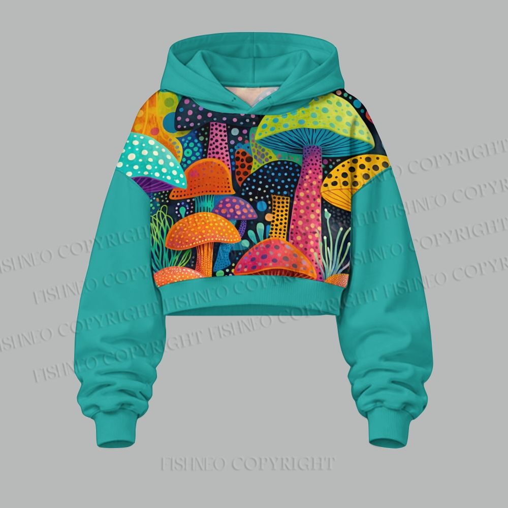Yayoi Kusama Multicolor Mushroom Women's Cropped Long Sleeve Hoodie & High Waist Jogger Pants Two Piece Tracksuit Set