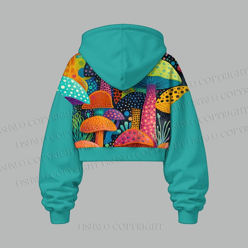 Yayoi Kusama Multicolor Mushroom Women's Cropped Long Sleeve Hoodie & High Waist Jogger Pants Two Piece Tracksuit Set