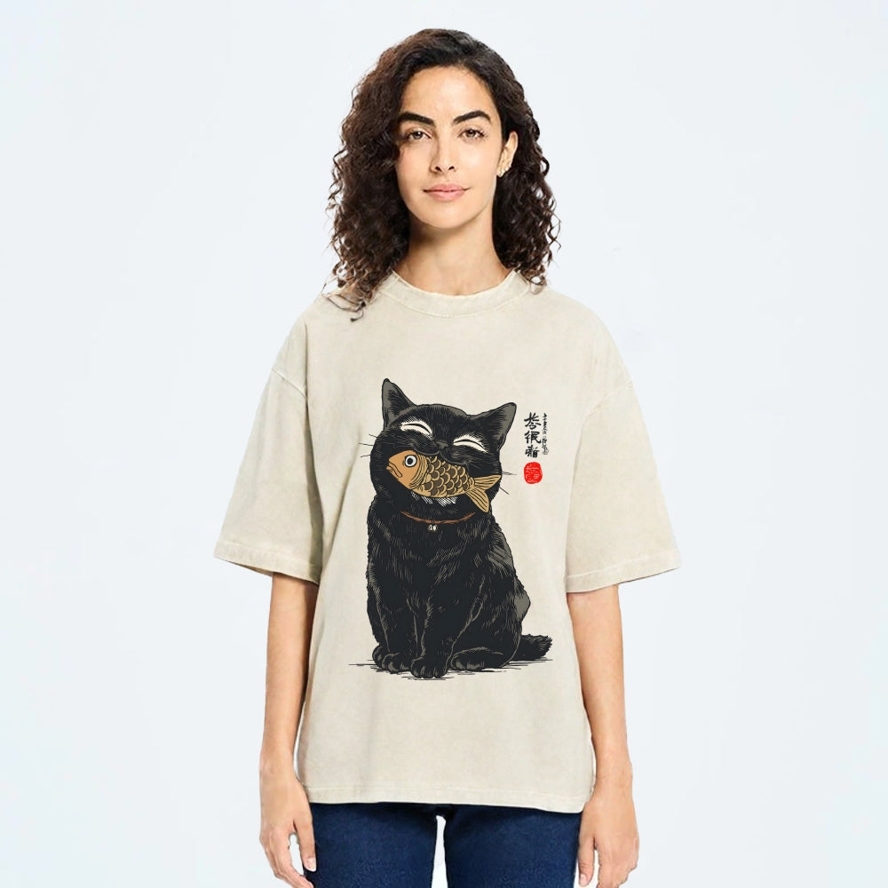 Cat Eating Fish Vintage Washed T-shirt