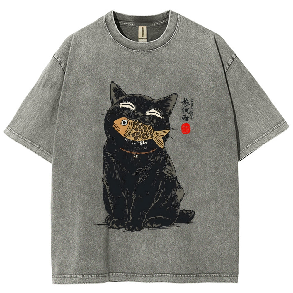 Cat Eating Fish Vintage Washed T-shirt