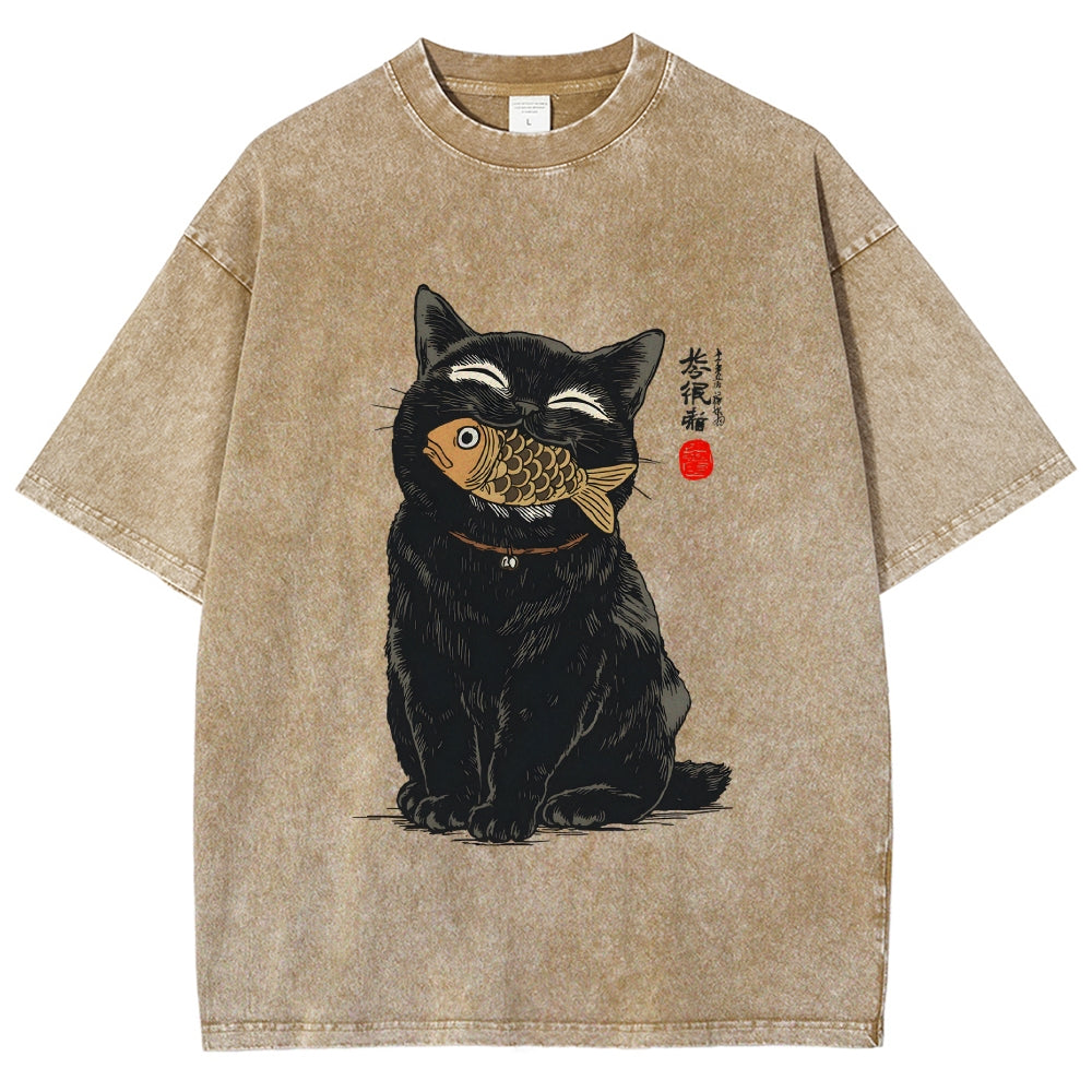 Cat Eating Fish Vintage Washed T-shirt