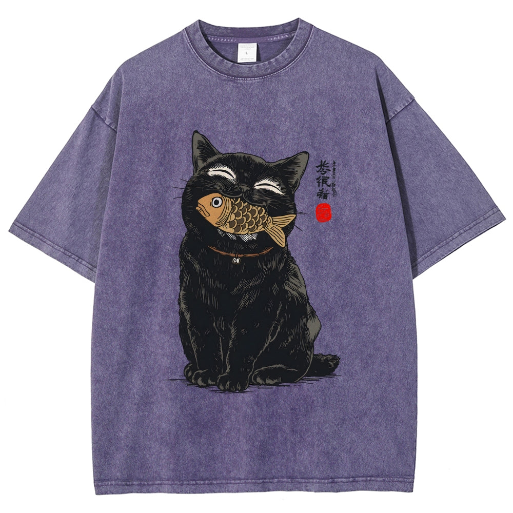 Cat Eating Fish Vintage Washed T-shirt