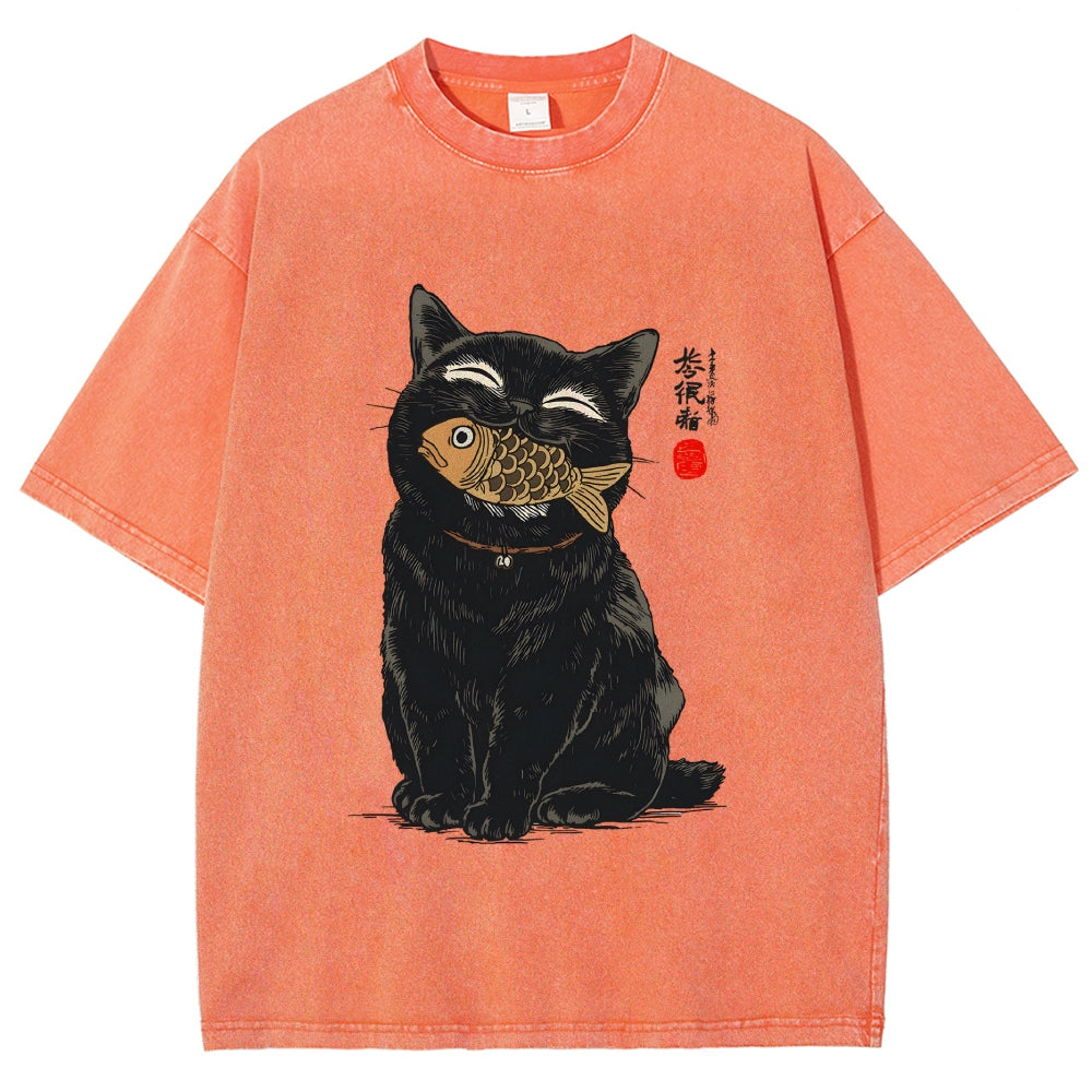 Cat Eating Fish Vintage Washed T-shirt