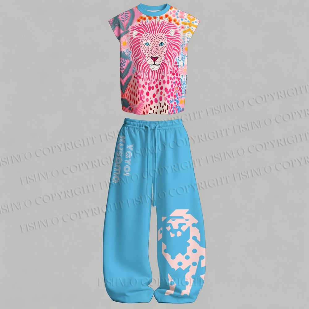 Men's Yayoi Kusama Pink Lion Sleeveless Tank Top & Elasticated Trousers pants Two-Piece Streetwear Set