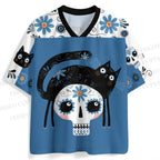 Halloween Black Cat on Blue Skull Jersey Shirts