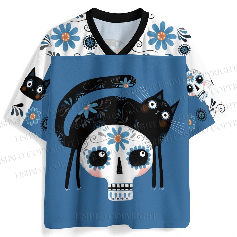 Halloween Black Cat on Blue Skull Jersey Shirts