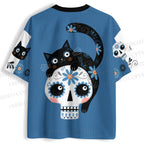 Halloween Black Cat on Blue Skull Jersey Shirts