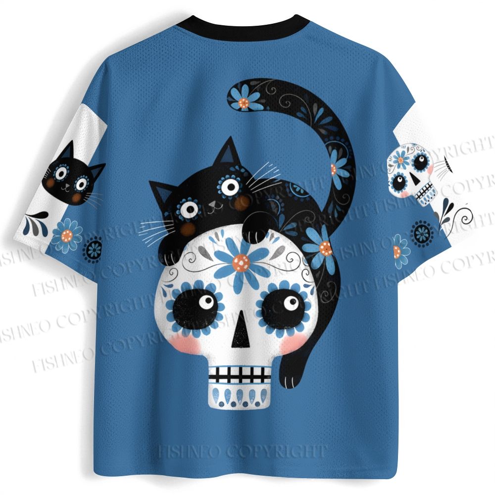 Halloween Black Cat on Blue Skull Jersey Shirts