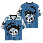 Halloween Black Cat on Blue Skull Jersey Shirts