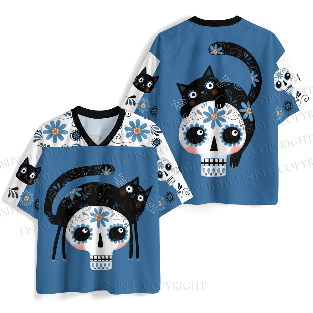 Halloween Black Cat on Blue Skull Jersey Shirts