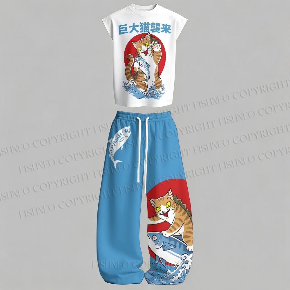 Men's Giant Cat Monster Attack Ocean Sleeveless Tank Top & Elasticated Trousers pants Two-Piece Streetwear Set