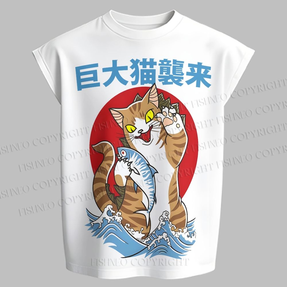 Men's Giant Cat Monster Attack Ocean Sleeveless Tank Top & Elasticated Trousers pants Two-Piece Streetwear Set