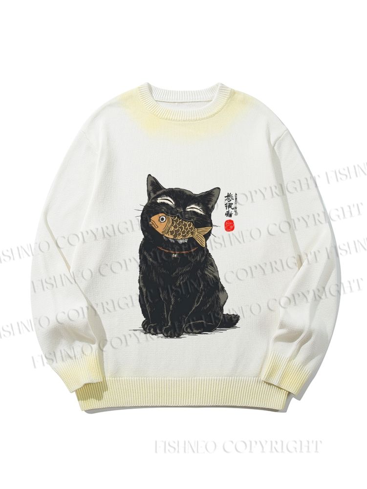 Unisex Japanese Black Cat Holding Fish in Mouth Gradient Casual sweater