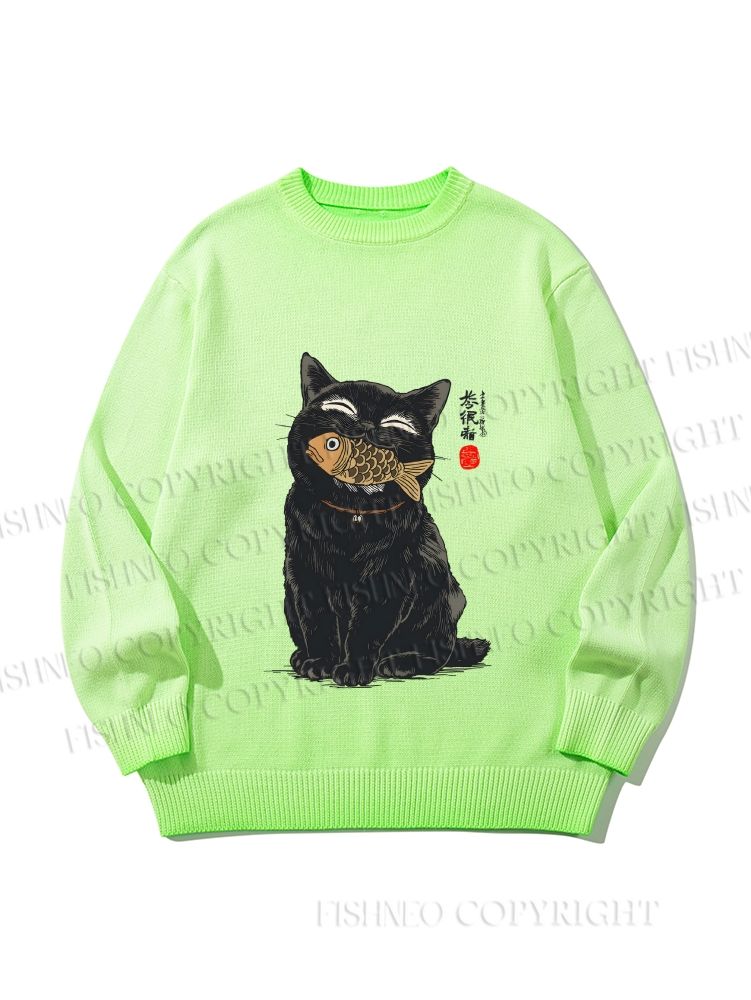 Unisex Japanese Black Cat Holding Fish in Mouth Gradient Casual sweater