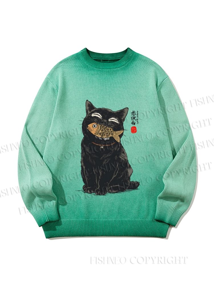 Unisex Japanese Black Cat Holding Fish in Mouth Gradient Casual sweater