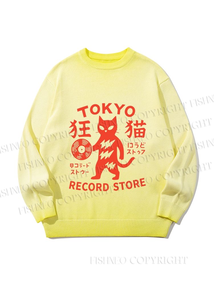 Unisex Tokyo Cat Holding Vinyl Record Gradient Casual sweater