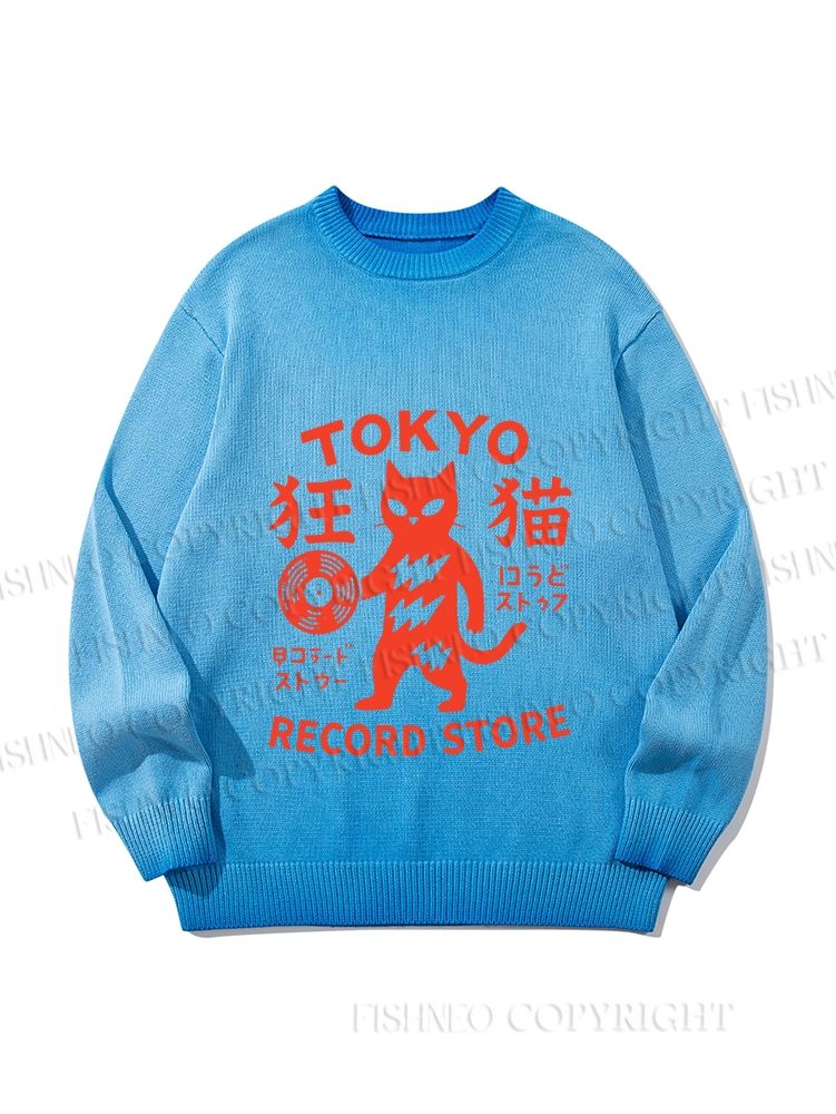 Unisex Tokyo Cat Holding Vinyl Record Gradient Casual sweater