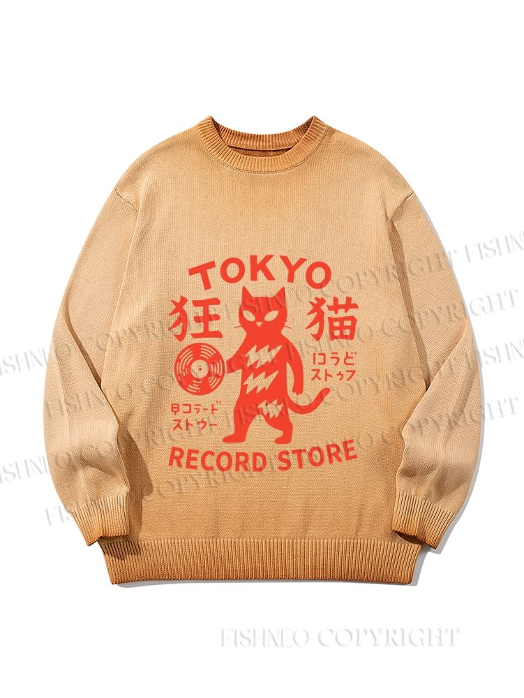 Unisex Tokyo Cat Holding Vinyl Record Gradient Casual sweater