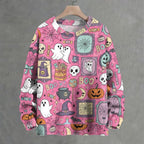 Pink Cute Ghost Boo Halloween All Over Crew Neck Sweater