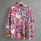 Pink Cute Ghost Boo Halloween All Over Crew Neck Sweater