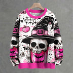 Pink Black Witch Skull Graffiti Halloween Crew Neck Sweater