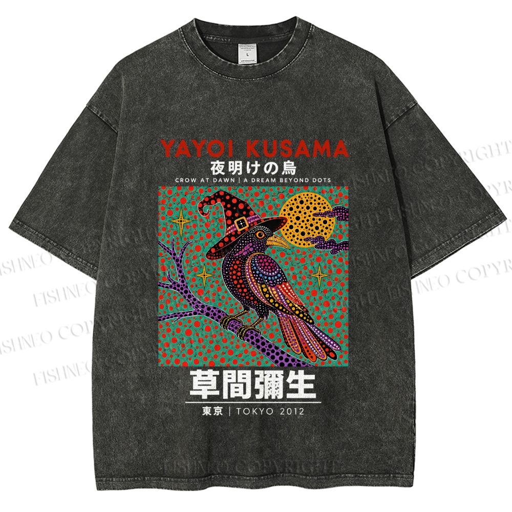 Unisex Yayoi Kusama Halloween Crow Printed Washed Tee