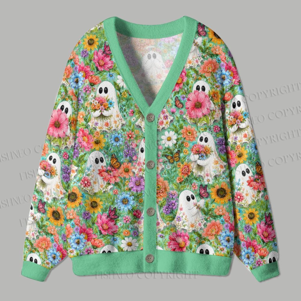 Halloween Ghost And Floral Ugly Cardigan Sweater