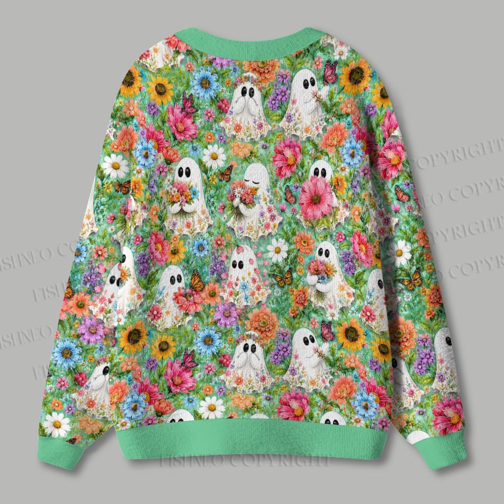 Halloween Ghost And Floral Ugly Cardigan Sweater