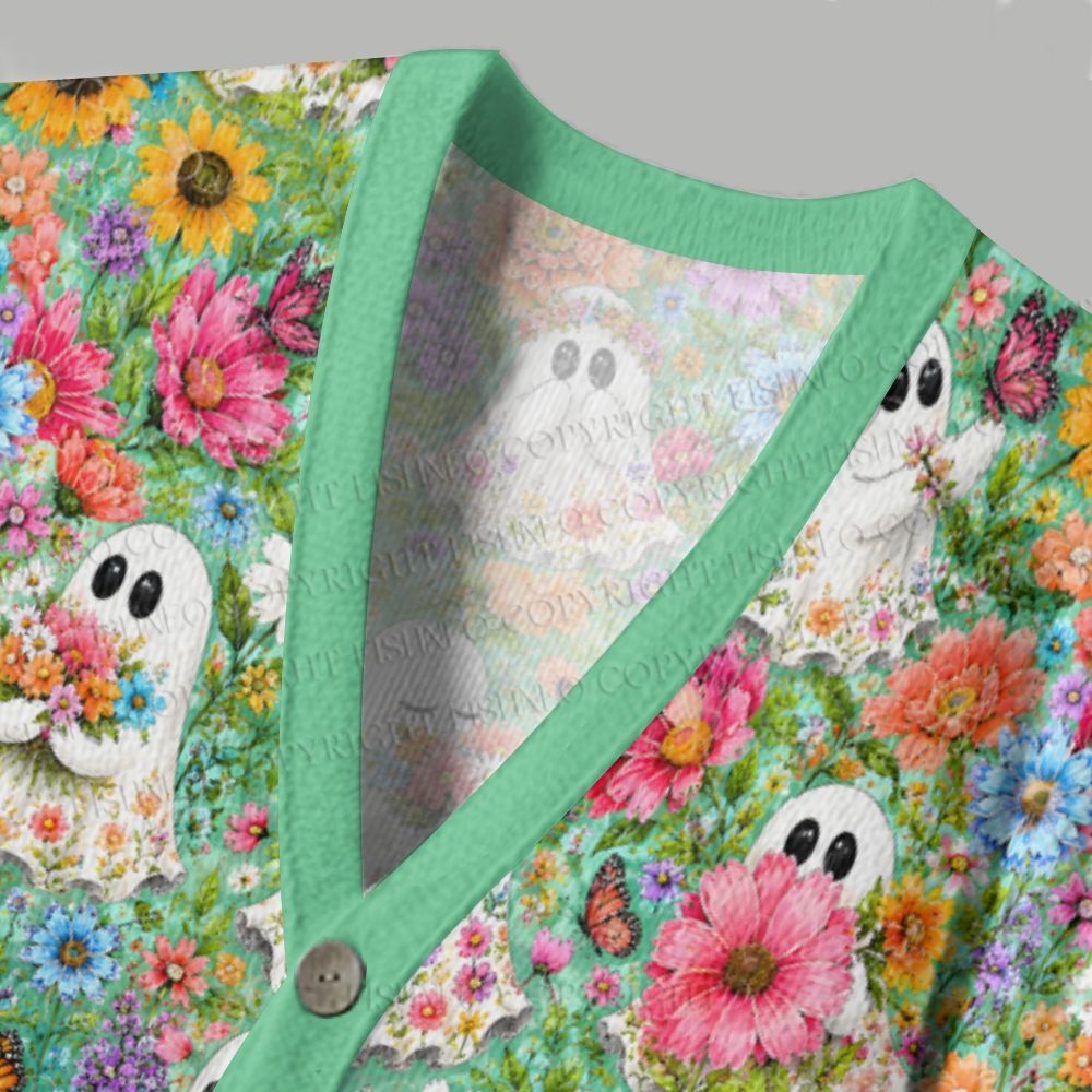 Halloween Ghost And Floral Ugly Cardigan Sweater