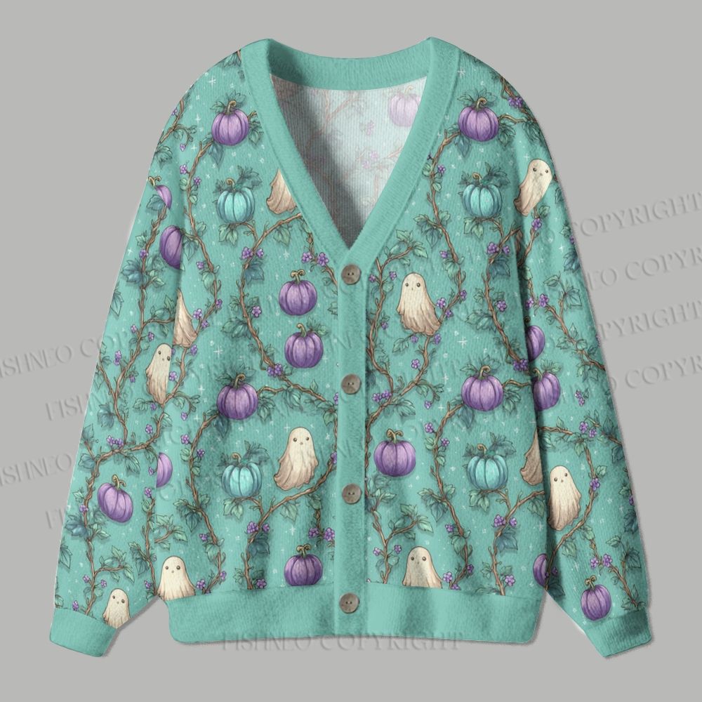 Halloween Ghost And Pumpkin Ugly Cardigan Sweater