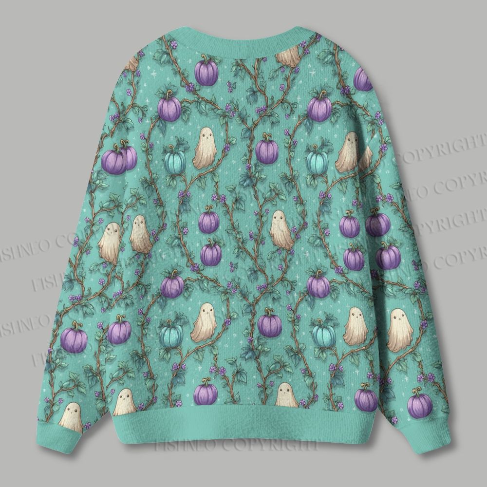 Halloween Ghost And Pumpkin Ugly Cardigan Sweater