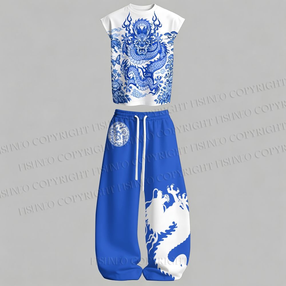 Men's Blue Dragon Sleeveless Tank Top & Elasticated Trousers pants Two-Piece Streetwear Set