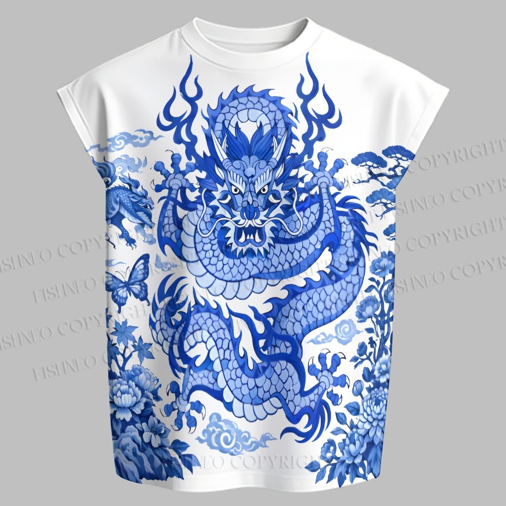 Men's Blue Dragon Sleeveless Tank Top & Elasticated Trousers pants Two-Piece Streetwear Set