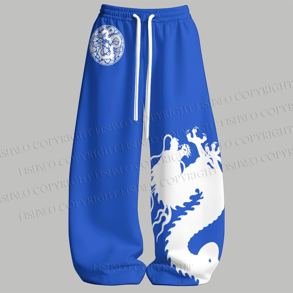 Men's Blue Dragon Sleeveless Tank Top & Elasticated Trousers pants Two-Piece Streetwear Set